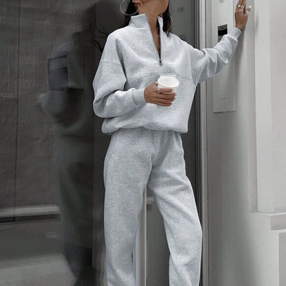 Grey Casual Women's Half Zipper Hoodie And Jogger Pants Two Piece Set - Picture 4 of 7